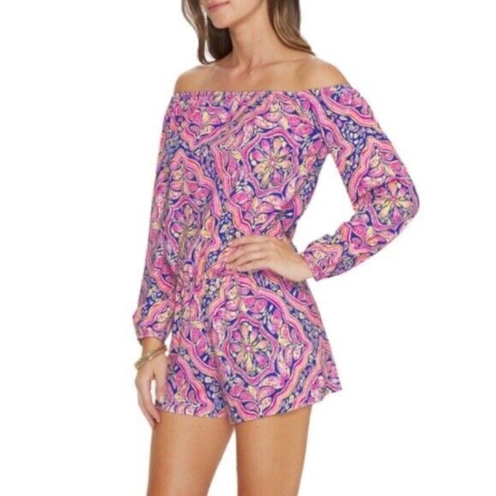 Lilly Pulitzer Lana Romper Can't Resist Pattern Small Shorts Pink Blue Yellow - Picture 7 of 7